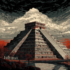 A pic of an ancient Aztec pyramid in black red and beige