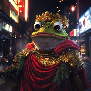 Pepe the Frog dressed as an ancient Roman emperor, wearing a gol...