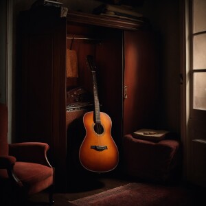 An old guitar sits silently in a small, dimly lit closet, envelo...