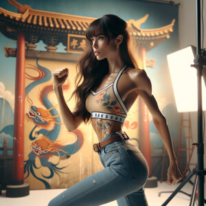 Athletic Thin skinny Attractive, Asian teenage girl, long brown hair and bangs, wearing tight skinny jeans and a halter top paint marks on her clothing, heroic pose Asian graffiti background, backside view