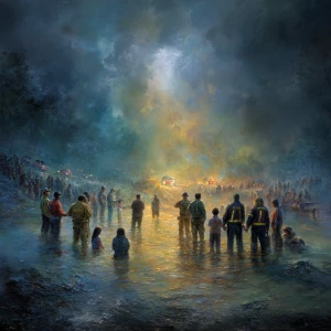 A dramatic and hopeful scene of Texas during a flood, heavy rain...