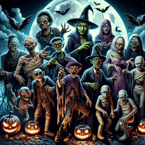 Scary group of Halloween  goblins surrounded by witches, zombies...