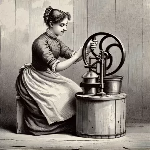 Woman hand cranking ice cream in an original small wooden bucket...