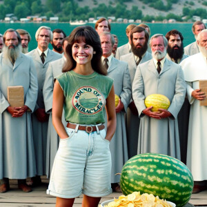 create a film snapshot from 1972 of dozens of dour men standing...