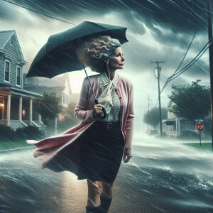 An American lady walking down the sidewalk of a town, carrying a...