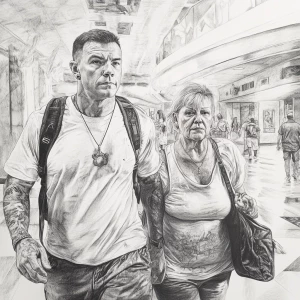 Pencil art .A sweaty  man walking with his 54 year old mother in...