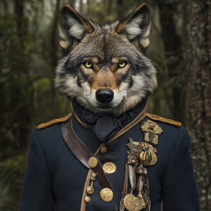 A male, anthromorphic Florida red wolf, wearing Union civil war...