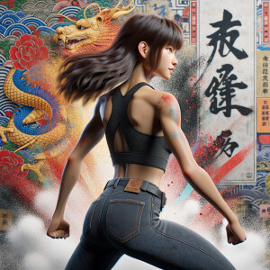 Athletic Thin skinny Attractive, Asian teenage girl, long brown hair and bangs, wearing tight skinny jeans and a halter top paint marks on her clothing, heroic pose Asian graffiti background, backside view