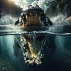 Ultra-realistic, dramatic frontal view of a massive crocodile with its jaws wide open, revealing rows of razor-sharp teeth. The camera is half-submerged, perfectly splitting the image—above the waterline, the crocodile’s intense, piercing eyes stare directly ahead, with water droplets on its rough, scaly skin. Below the waterline, its powerful open mouth is fully visible, showing sharp teeth and a dark throat, with tiny air bubbles escaping. The waterline is sharply defined, creating a split view of the murky underwater world and the bright, natural riverbank scenery above. Sunlight refracts through the water, casting a cinematic glow. Highly detailed, National Geographic photography style, 8K resolution, hyper-realistic textures, dramatic lighting, intense and suspenseful atmosphere."