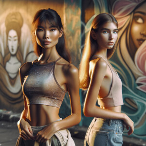 Athletic Thin skinny Attractive, Asian teenage girl, long brown hair and bangs, wearing tight skinny jeans and a halter top paint marks on her clothing, heroic pose Asian graffiti background, backside view