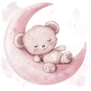 A cute, cartoon teddybear sits on a stylized, rosy-pink crescent moon. The teaddy bear is light gray with large, round, pink-spotted ears.  Its body is round and he has expressive eyes.  its facial expression is happy and friendly. The teddy bears leg and foot are visible, and its posture is relaxed, slumped  against the curve of the moon. it's stomach is lying down on the moon with left arm and leg showing hanging down. The moon is a soft, shaded pink, with watercolor-like texture and subtle shading. The background is white. The image is in a child-friendly style, showcasing delicate line work and color palettes. The composition is centered on the teddy bear which is positioned on the moon, giving the moon a hug with closed eyes. The overall style is sweet, whimsical, and reminiscent of children's book illustrations.  The colors are pastel and soothing, creating a gentle atmosphere.