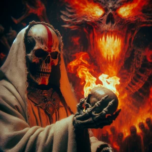 Painterly-styled, grainy analog movie still, dynamic angle. A skelton wearing  a vanilla  colored robe  with uneven teeth, holding an alien creature skull. His eyes blaze with fury, surrounded by darkness sizzling with electrical energy. He wears war paint in bold red and dark  streaks on his face. Massive dragon made of fire seen behind him. Dynamic pose, depth of field, motion blur effect and hard focus, cinematic, horror vibe.