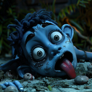 Cartoon person with light blue skin laying on the ground with th...