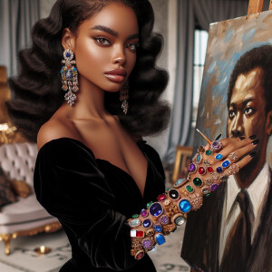 In a high-class, elegantly decorated studio, a very light-skinne...