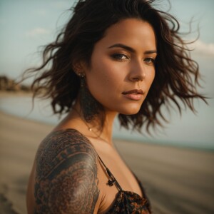 A lady with very fair skin , dark brown hair with medium sundres...