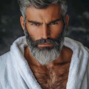 Silver man beard hairy chest white bathrobe