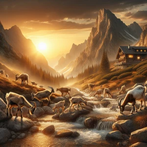 Mountain side with the sun setting, mountain goats drinking in a...