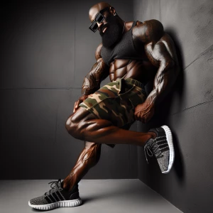 A muscular bodybuilder man leans against a wall, wearing camoufl...