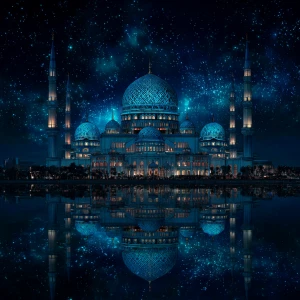 Create an image of a magnificent mosque featuring radiant blue d...