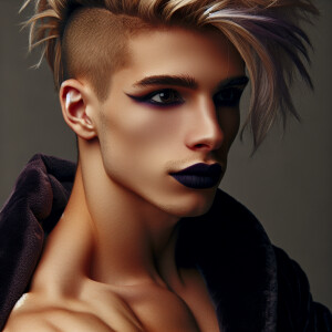 Blonde, faux hawk haired young man, with dark purple streaks, we...