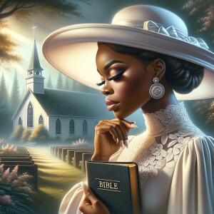 Render an airbrush oil painting of an African American woman with flawless makeup in a
contemplative pose, holding a Bible close to her heart, dressed in an elegant Sunday Best
outfit with a distinctive Church Hat. The background features a peaceful church garden,
with light filtering through the trees, highlighting her spiritual connection and the personal
moment of reflection. The artwork should capture the tranquility of the scene, the beauty
of her attire, and the depth of her contemplation, reflecting a serene and spiritually