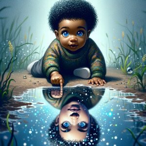 A curious cute african-American, baby with huge blue eyes and cu...