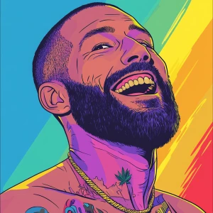 White muscular thin man with beard, big chin, smile and cheekbon...