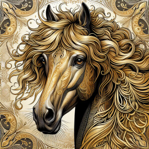 A head-on portrait of an Akhal-Teke horse's face rendered in the...