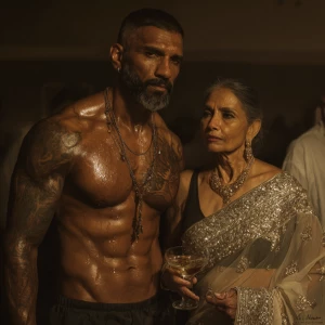Realism,digital painting.a muscular, tattooed Indian man with a...