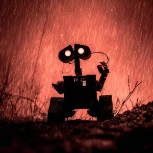 A small black silhouette of a robot that looks like a wall-e get...