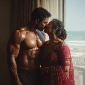 hyperrealism, painting.a muscular, sweaty Indian man standing in...