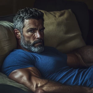 The image shows a muscular bodybuilder man lying on a couch, app...