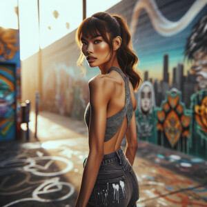 Athletic Thin skinny Attractive, Asian teenage girl, long brown hair and bangs, wearing tight skinny jeans and a halter top paint marks on her clothing, heroic pose Asian graffiti background, backside view