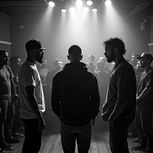 Three urban rap artists standing in a circle, preparing to perfo...