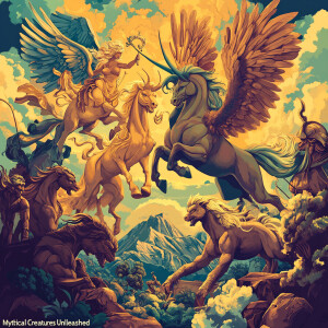 "Mythical Creatures Unleashed": Illustrate a scene showcasing a...