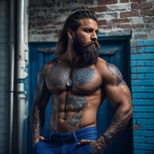 A bearded, muscular man confidently stands with his hands in his...