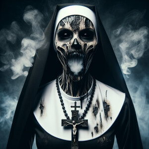 Create an image of a horrorcore-style demonic nun exhibiting a v...