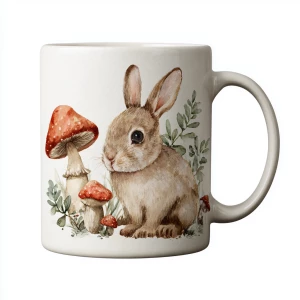Rabbit under mushroom, watercolor on a white background, mug ill...