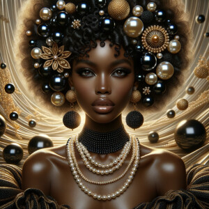 Imagine a digital portrait of a light skinned African-American Latino regal woman named KAREN Her attire and accessories are exclusively adorned with black and gold pearls. They grace her voluminous hair, styled in an elegant updo, where the black pearls form the roots and the gold pearls create the stunning curls. Her ears boast chandelier earrings, with black pearls clustered at the top, transitioning to gold pearls that dangle with delicate grace. Around her neck, a tiered necklace cascades with strands of alternating black and gold pearls, reflecting a sophisticated contrast.

Her shoulders are draped with a luxurious off-shoulder gown, the fabric's weave incorporating intricate patterns formed by black and gold pearls. The gown's texture has a subtle sheen, suggesting a high-quality material with a pearlescent finish. As a centerpiece, a grand brooch sits at her collar, with a large gold pearl surrounded by an elaborate design of smaller black pearls.

The background of the portrait features an abstract composition of floating pearls, swirling in a dance of shadows and light, emphasizing the color theme of black and gold. The name "KAREN" is discreetly integrated into the lower right corner of the artwork, blending seamlessly with the design, as if it were a signature part of the jewelry ensemble. The overall effect is one of timeless elegance, a blend of modern design and classic beauty, all tied together by the luxurious palette of black and gold.