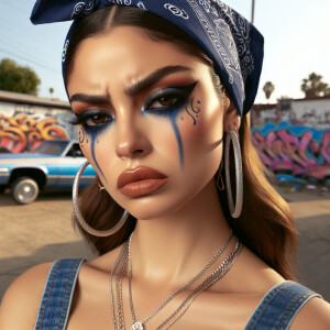 Create an image featuring a Latina woman with a " crying" makeup...