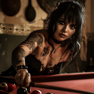 An elegant Hispanic vampire woman with intricate tattoos skillfu...