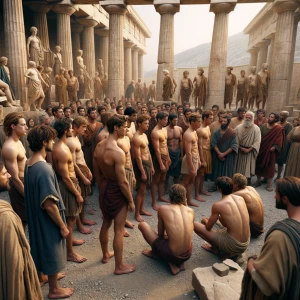 A scene depicting a group of young barechested Greek male concub...
