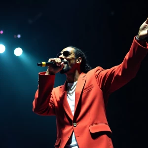Snoop Dogg performing live at a concert.