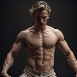 Craft a full frontal description of a male figure with a focus o...