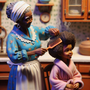 Create a realistic 3-D image of an african-American grandmother wearing a blue house dress and a white apron . She is in the kitchen with her african-American granddaughter. Her granddaughter is wearing a pink bath robe. The grandmother has a hot comb in her hand and she is straightening her granddaughters hair. One side of her granddaughters hair is in  a Afro the other straight 
There is smoke coming from the hot comb
The granddaughter is making a face