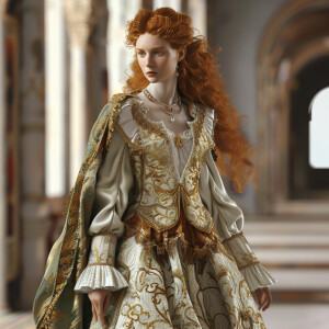 Create a photorealistic image of a light ginger-haired model wal...