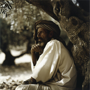 arabic man sits under a large olive tree, wearing a traditional...