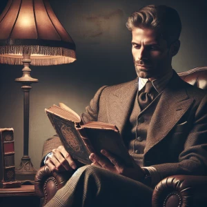 A man dressed in vintage clothing sitting in a leather armchair,...