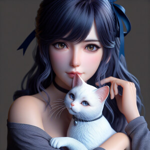 Realistic anime woman with dark blue hair and dark brown eyes. S...