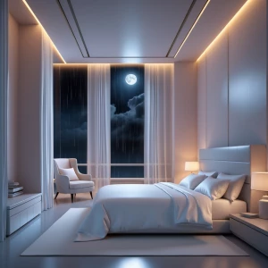 Design a tranquil and spacious bedroom featuring a king-sized be...
